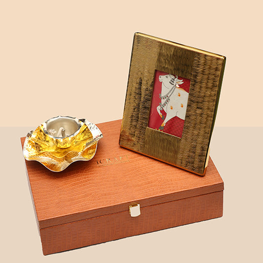 Gold Alu Frame And Layered Diya Hamper