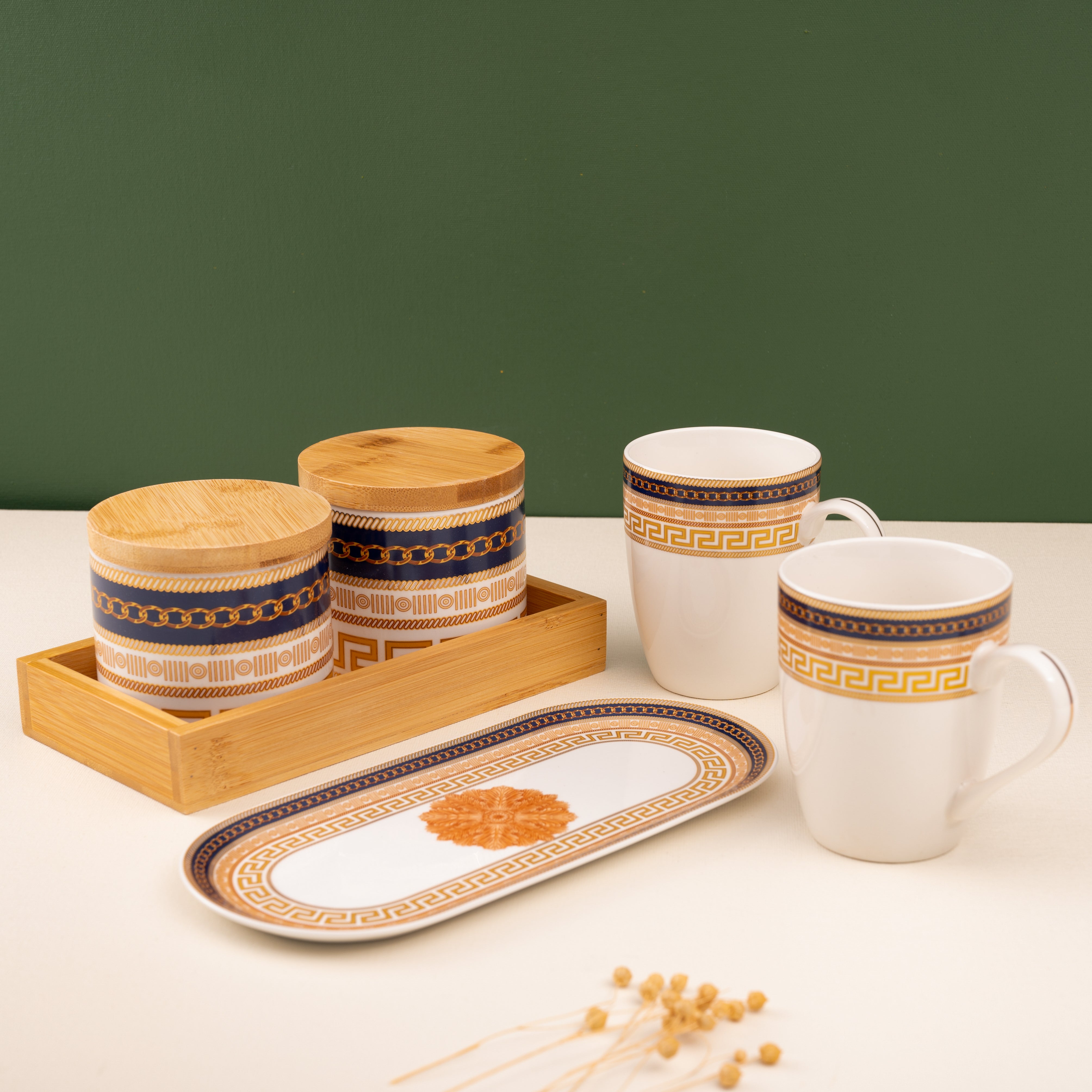 Luxe Series Blue & Gold Mugs and Platter Set