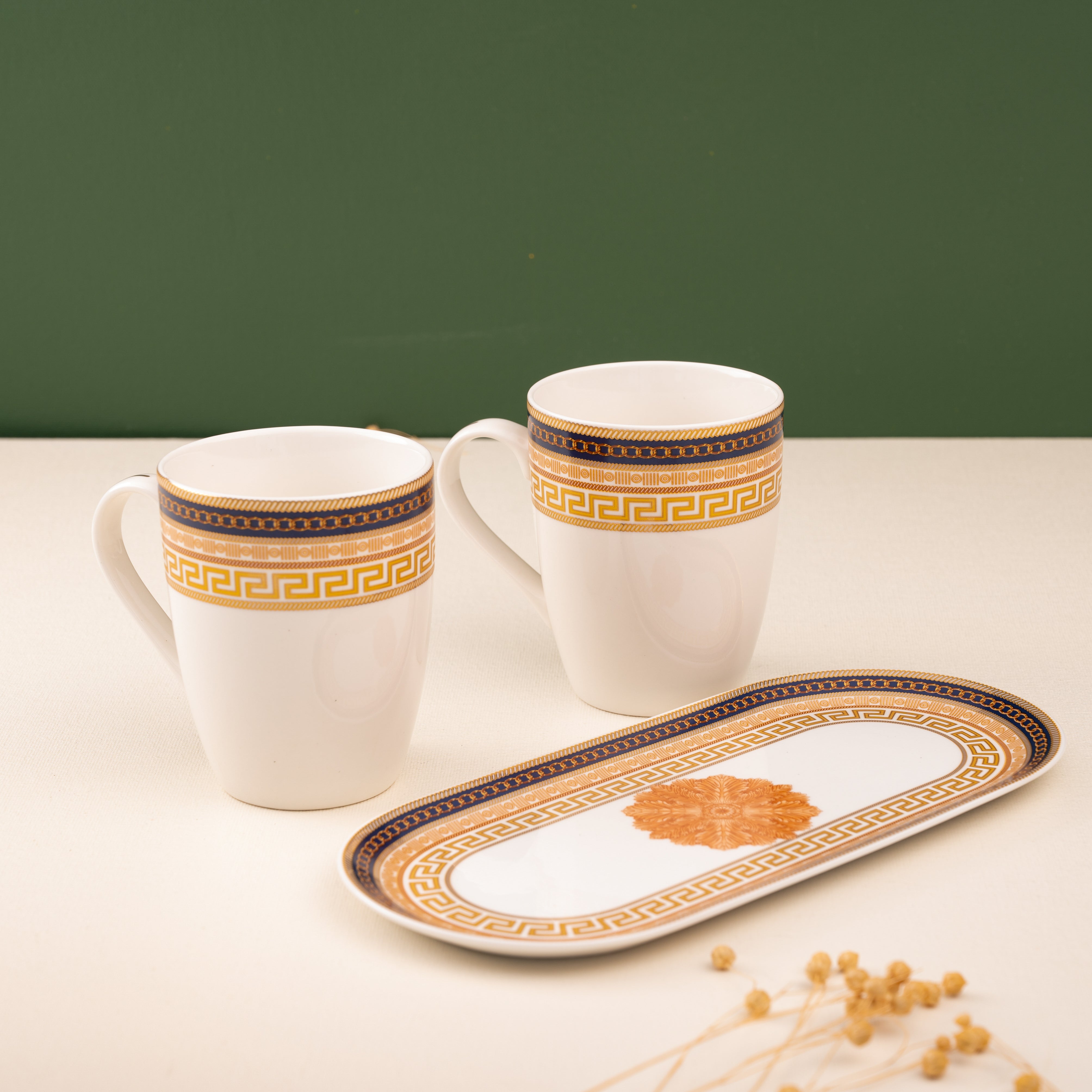 Luxe Series Blue & Gold Mugs and Platter Set