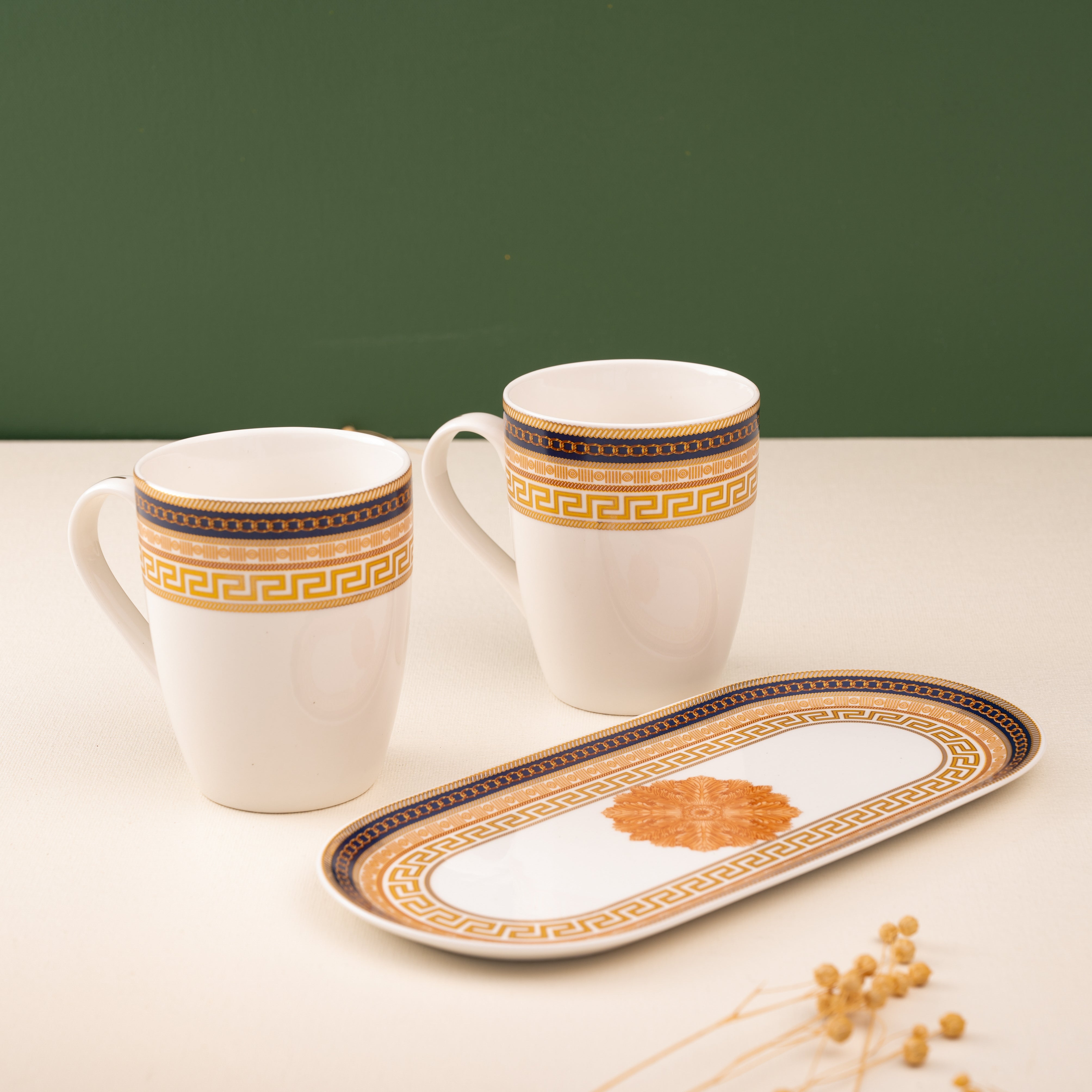 Luxe Series Blue & Gold Mugs and Platter Set