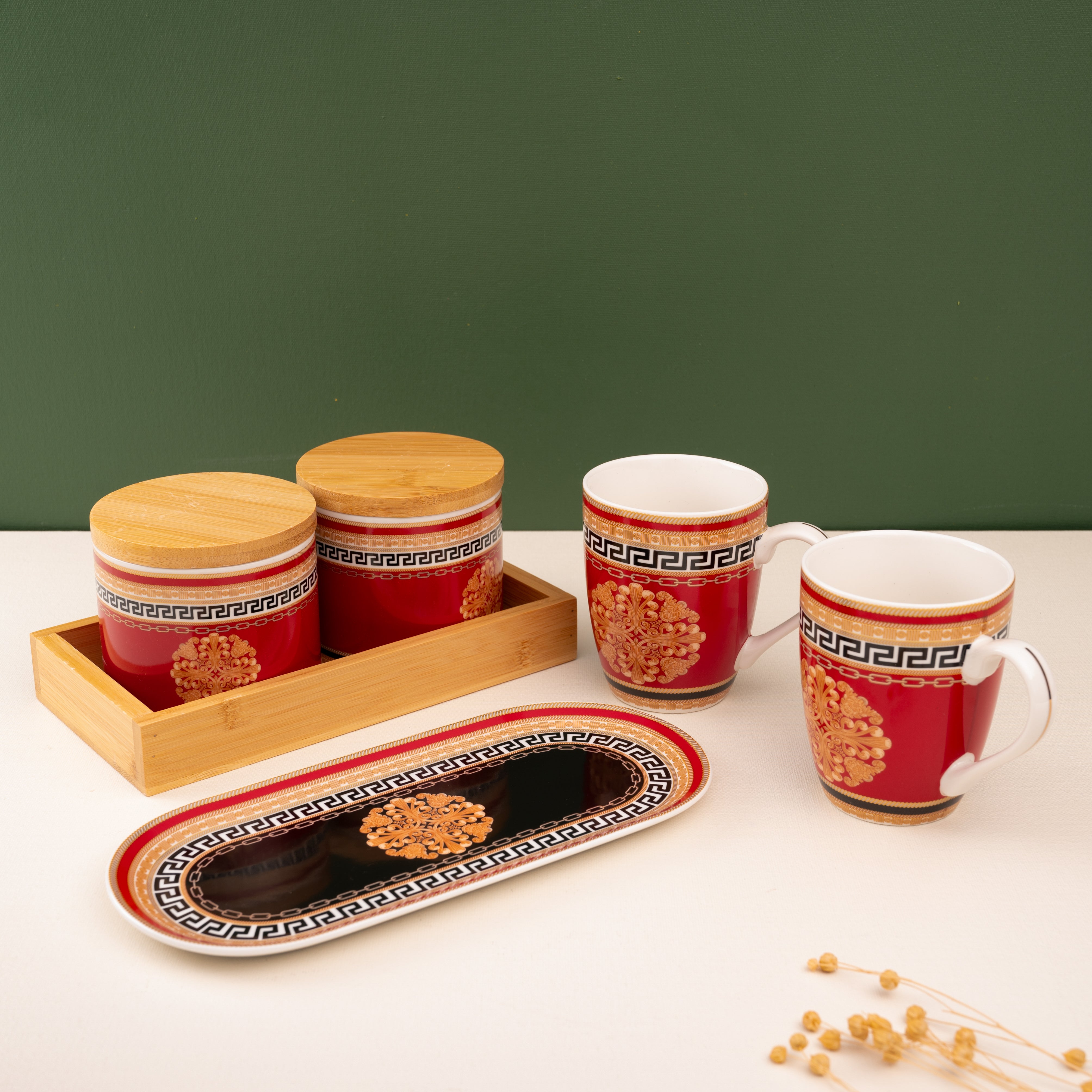 Luxe Series Black & Red Mugs & Platter Set