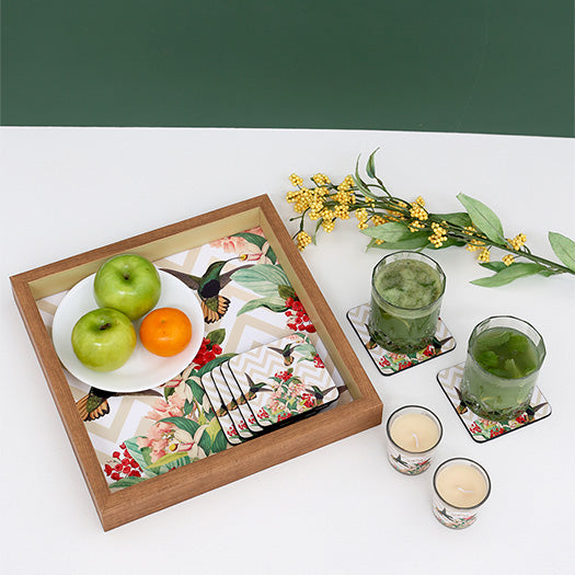 Charming Bird Square Tray Hamper - Set of 1 Square Tray, 6 Square Coasters & 2 Matching Votives