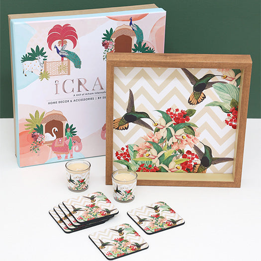 Charming Bird Square Tray Hamper - Set of 1 Square Tray, 6 Square Coasters & 2 Matching Votives