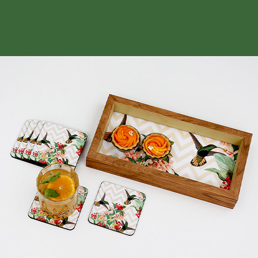 Charming Bird Desk Tray Hamper - Set of 1 Desk Tray and 6 Coasters