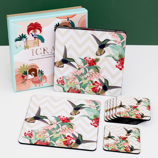 Charming Bird Square Trivets & Coasters Hamper - Set of 4 Trivets & 6 Coasters