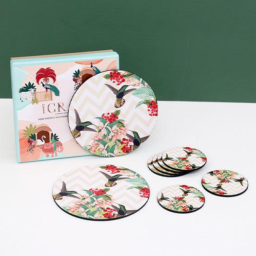 Charming Bird Round Trivets, Coasters Hamper - Set of 4 Trivets and 6 Coasters