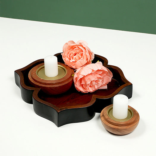 Lotus Tray Hamper - Set of 1 Tray & 2 Wooden Candle Holders