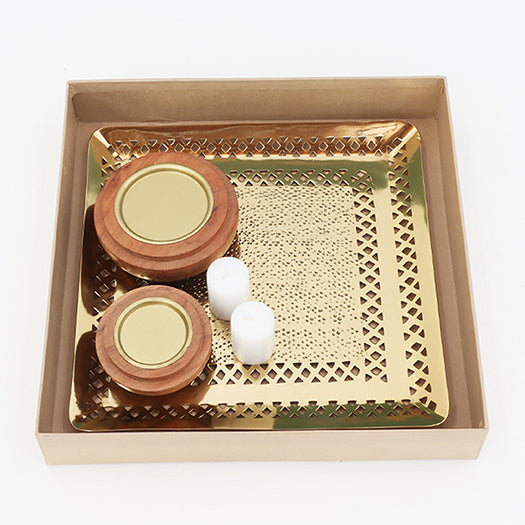 Alu Quad Gold Platter - Set of 1 Platter & 2 Wooden Candle Holders