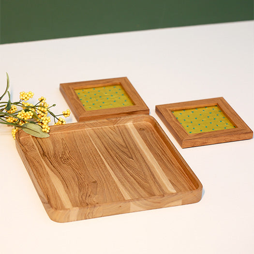 Quad Platter Hamper - Wooden Platter With 2 Karigari Coasters (Yellow)