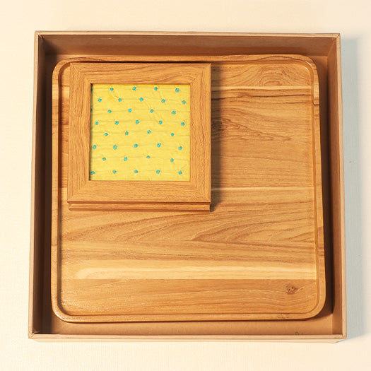 Quad Platter Hamper - Wooden Platter With 2 Karigari Coasters (Yellow)