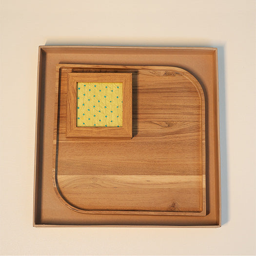Folio Platter Hamper - Wooden Platter With 2 Karigari Coasters (Yellow)