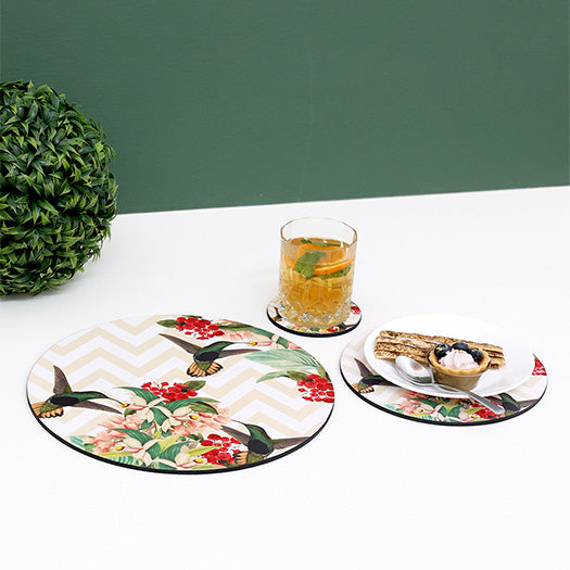 Charming Birds Serveware Set - Set of 6 Round Tablemats, 4 Trivets, & 6 Coasters