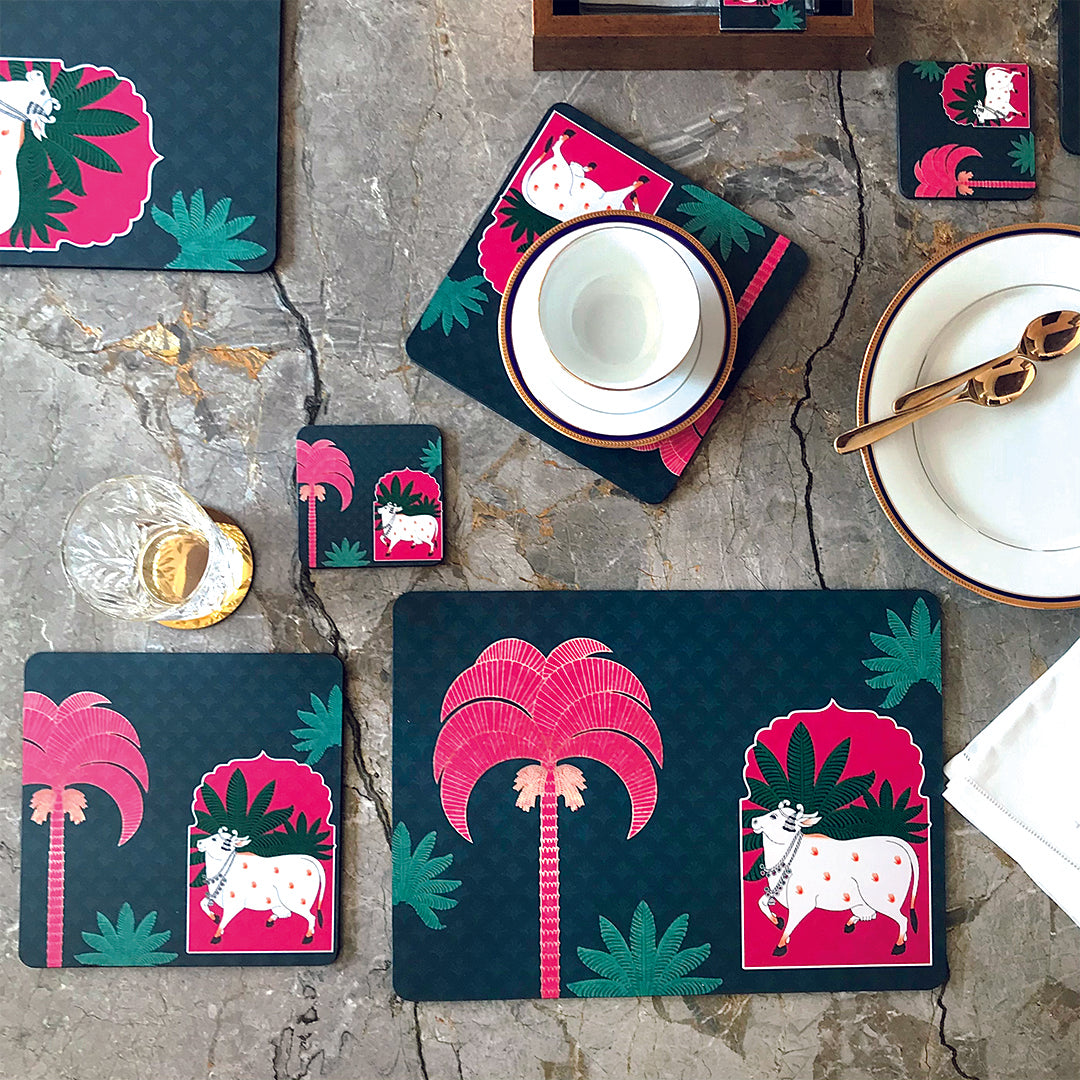 Shwet Pichwai Series Serveware Hamper - Set of Tablemats, Trivets, & Coasters