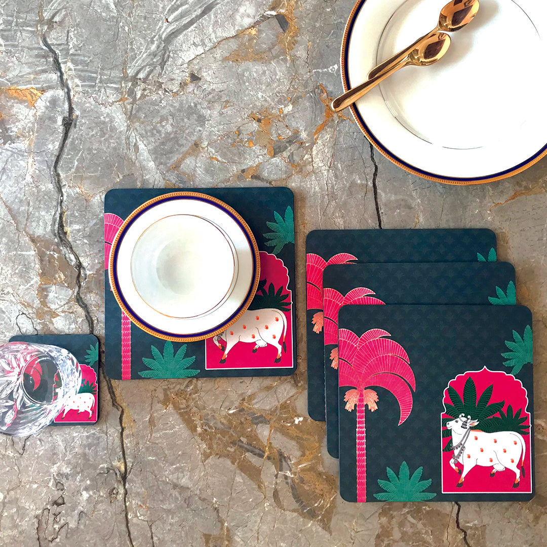 Shwet Pichwai Series Serveware Hamper - Set of Tablemats, Trivets, & Coasters